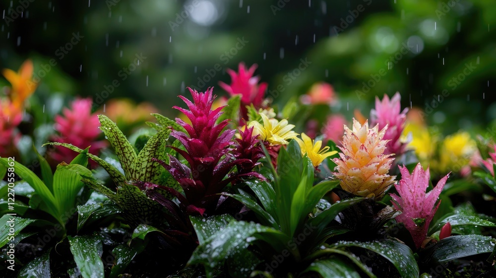 Fototapeta premium Colorful Bromeliads Blooming in Rain, Garden Background, Nature Photography, Ideal for Botanical Prints