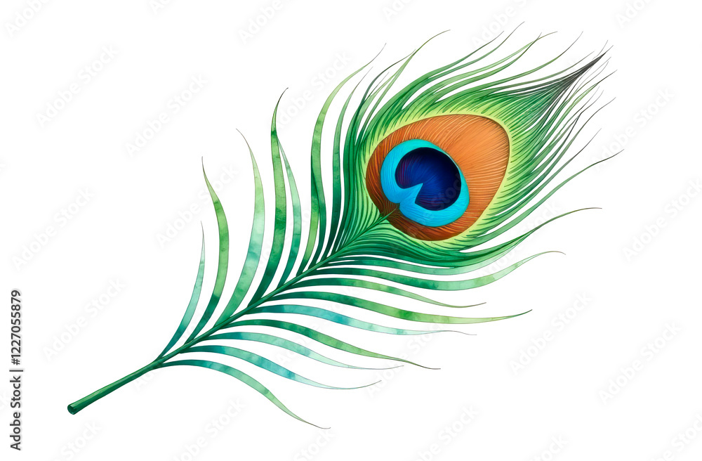 Obraz premium Watercolor illustration of a peacock feather, showing bright shades of green, blue and gold with intricate details. Peacock bird feather isolated on a white background painted in watercolor.