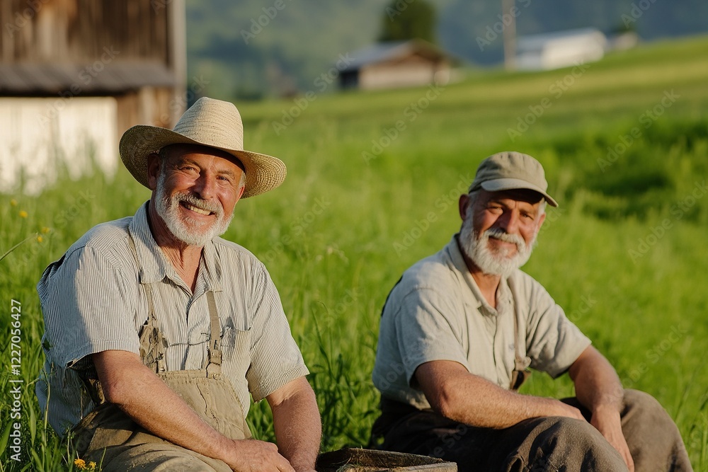 Two smiling farmers enjoying a break on a sunny day in a lush green field Two smiling farmers enjoying a break on a sunny day in a lush green field