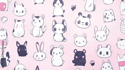 Cute Cartoon Animals Including Bears, Bunnies, and Kittens on Pink Background