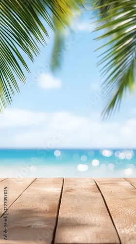 Fototapeta Naklejka Na Ścianę i Meble -  Wooden table with beach view featuring seascape and palm leaves on a sunny day by the ocean