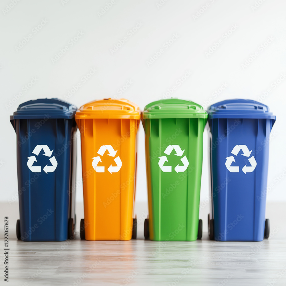 Four colorful recycling bins lined up, each with a recycling symbol, promoting eco-friendly waste management and sustainability. Four colorful recycling bins lined up, each with a recycling symbol, promoting eco-friendly waste management and sustainability.