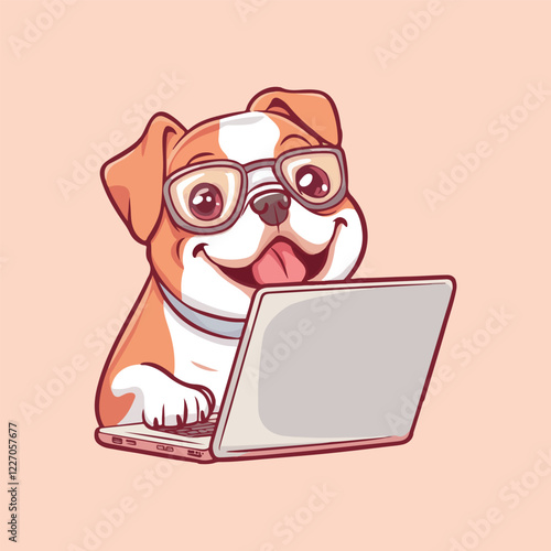 Bulldog working a loptop Cartoon Vector Illustration