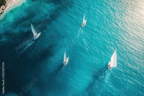 Aerial view of sailboats racing in turquoise ocean near beach photo