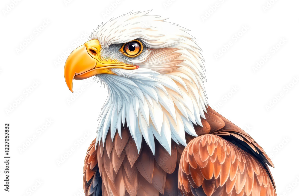 Obraz premium The watercolor illustration shows a majestic eagle in close-up. The intricate details of its plumage and piercing gaze convey strength and grace against an isolated background.