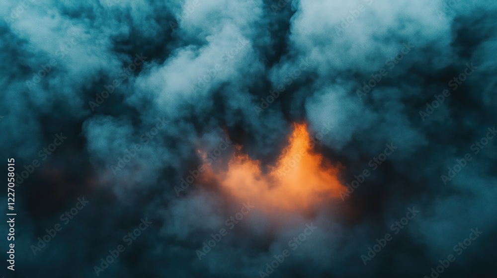 Dramatic orange glow emerges through dense clouds at twilight in a mysterious landscape Dramatic orange glow emerges through dense clouds at twilight in a mysterious landscape