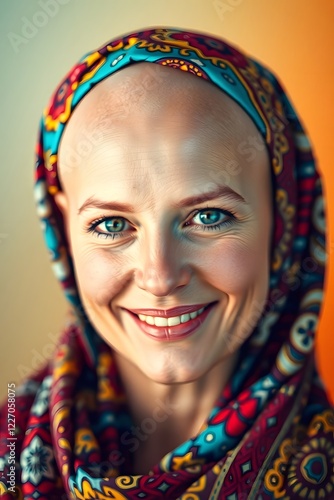 A beautiful empowering photo of a bald woman wrapped in a vibrant scarf, full of resilience, Recovering cancer ,world cancer day concept 2025