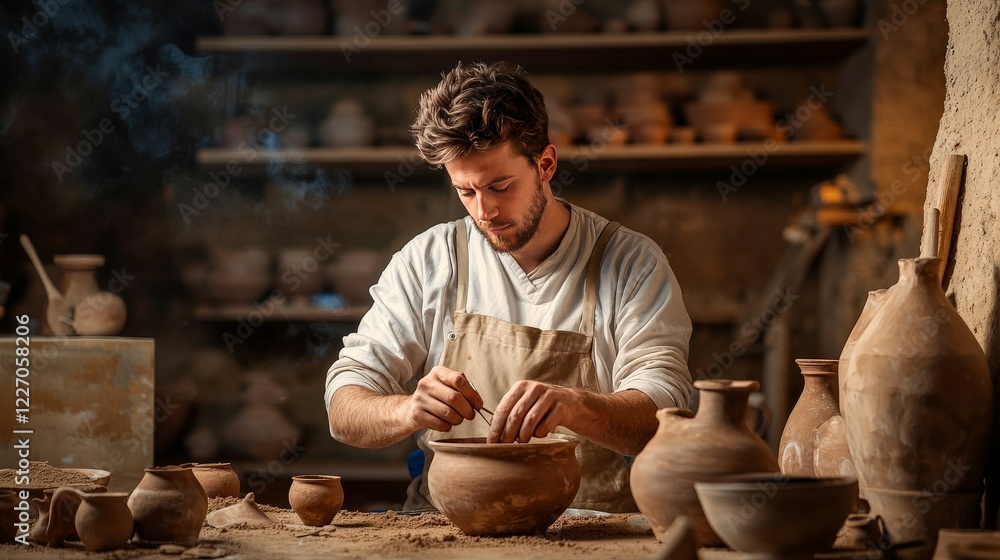 Focused Archeologist Seated in Front of Ancient Pottery Workshop