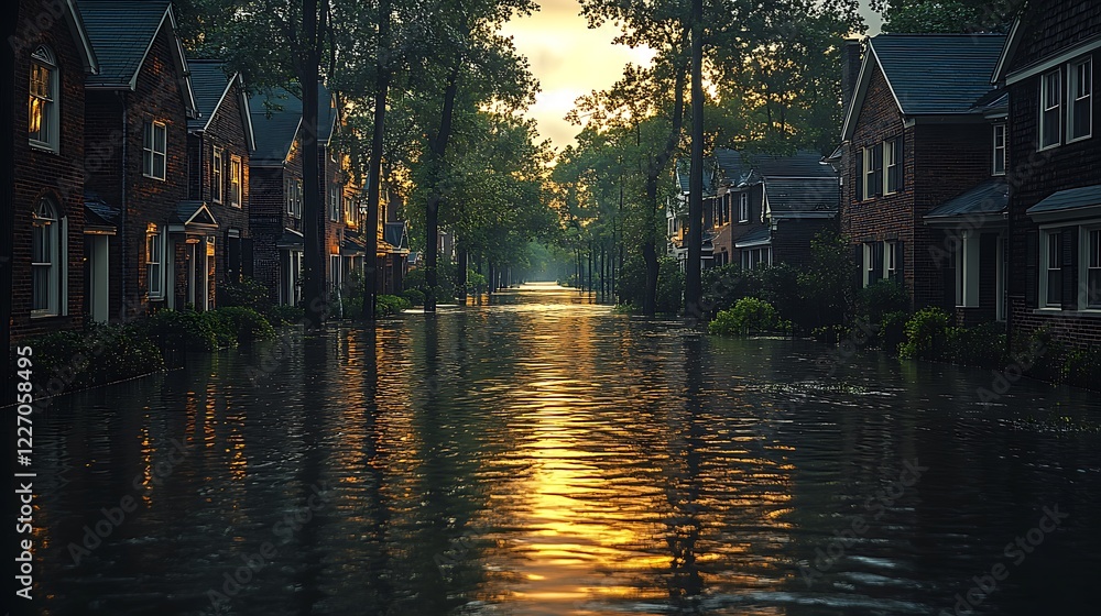 Flooded street with houses at sunset reflecting in water Flooded street with houses at sunset reflecting in water