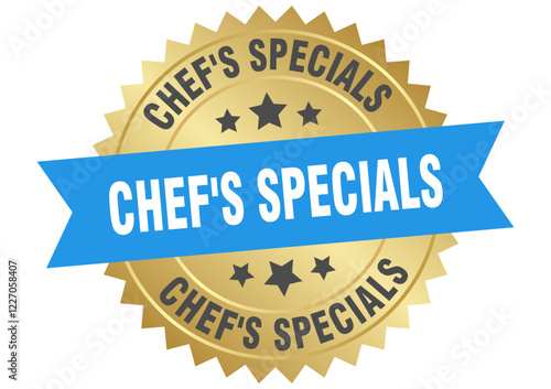 chef's specials. chef's specials round blue and gold label isolated on transparent background