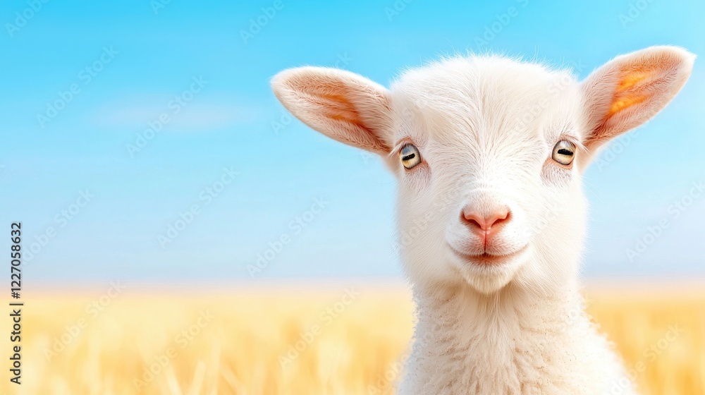 Fototapeta premium Lamb in golden field, sunny day, cute farm animal