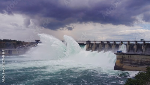 Water gushing from a hydroelectric dam beneath a dark, stormy sky, generating renewable energy while showcasing the incredible power of nature and its impact on the environment photo