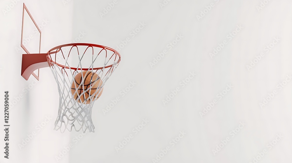 Close-up of a basketball falling through the net of a hoop, isolated on a white background, symbolizing scoring and success. Close-up of a basketball falling through the net of a hoop, isolated on a white background, symbolizing scoring and success.
