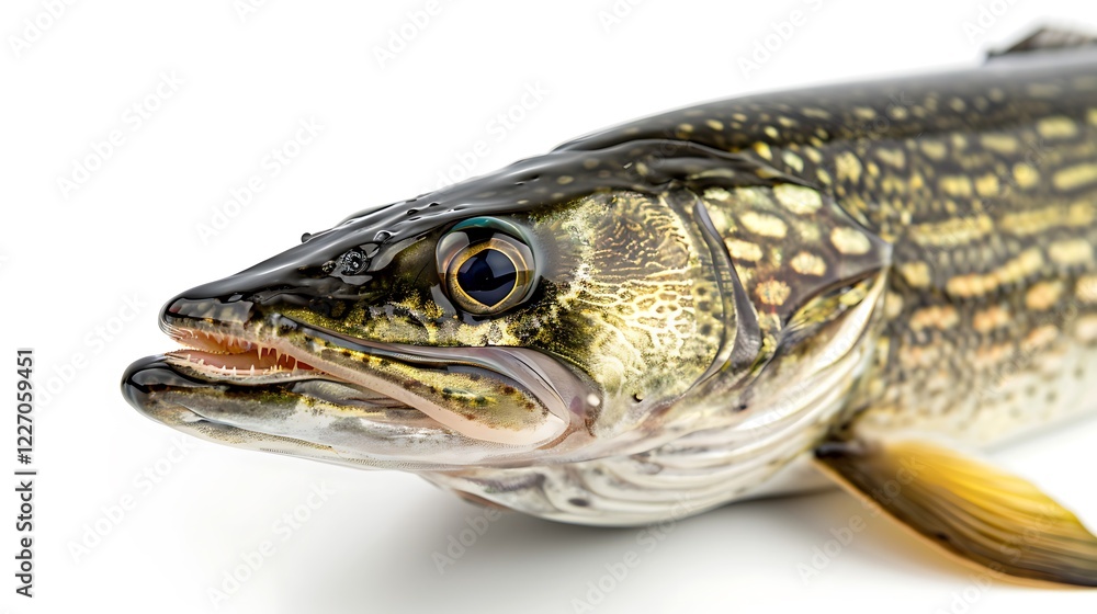 Close-up of a freshly caught northern pike fish, isolated on a white background, showcasing its details and natural appearance. Close-up of a freshly caught northern pike fish, isolated on a white background, showcasing its details and natural appearance.