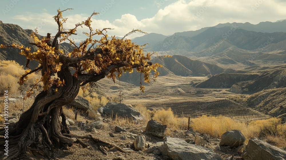 Fototapeta premium Majestic Desert Landscape with Gnarled Tree and Stunning Mountains