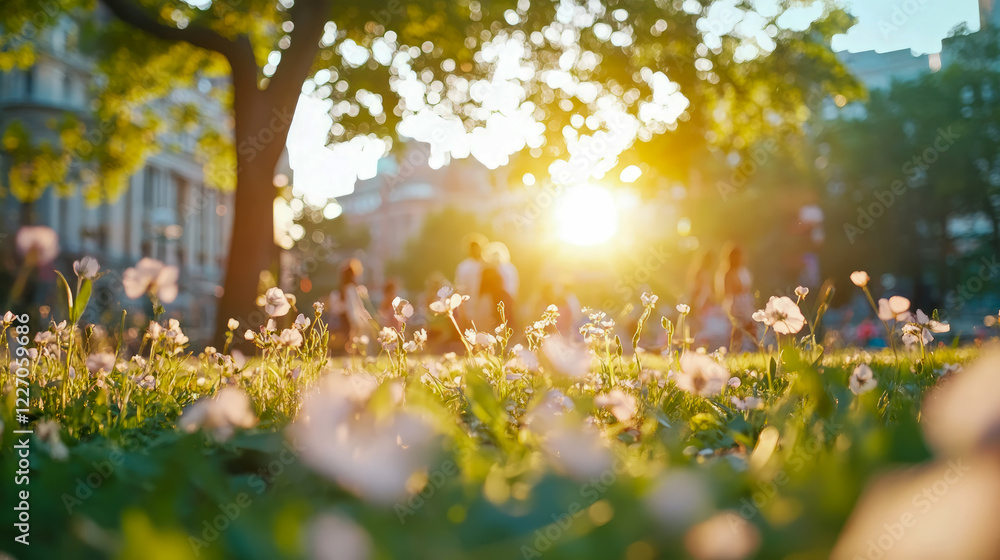 Obraz premium Golden Hour Meadow: City Park Bloom at Sunset