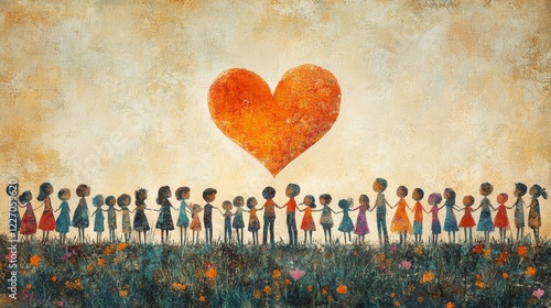 A group of children holding hands under a large heart, representing unity, love and togetherness in a vibrant and textured painting