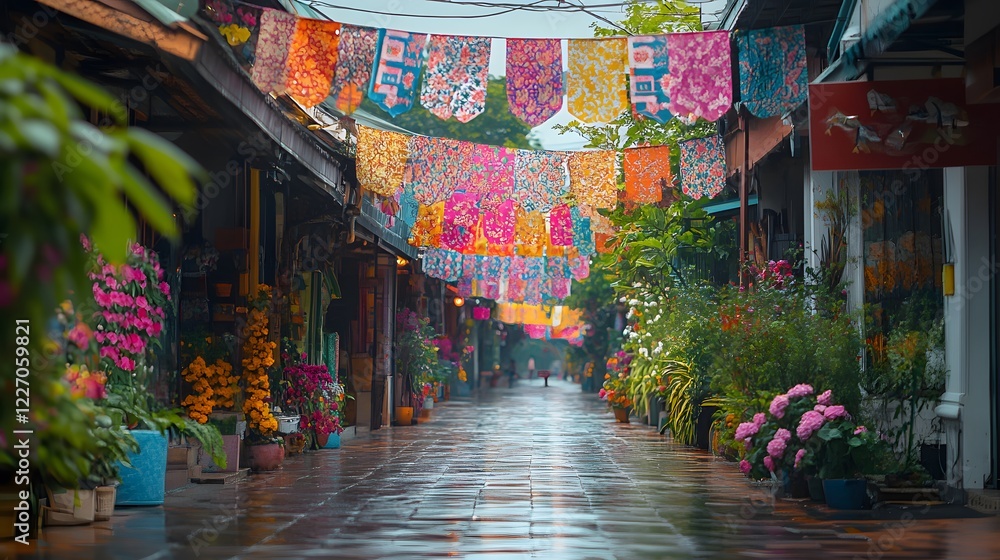 Fototapeta premium Vibrant street scene with colorful banners, rainy atmosphere, tropical greenery, perfect for travel themes or cultural exploration.