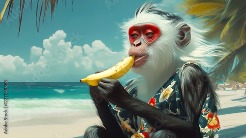 Digital art of a white and black monkey with long hair,