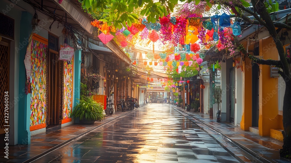 Naklejka premium Charming alleyway after rain, vibrant colorful banners hanging overhead, empty cobblestone streets glowing in warm light.