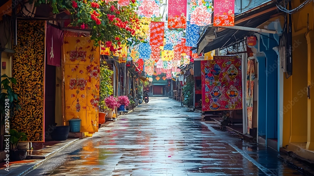 Fototapeta premium Vibrant alleyway after rain, colorful doors and lanterns lining the streets, inviting atmosphere for exploration and discovery.