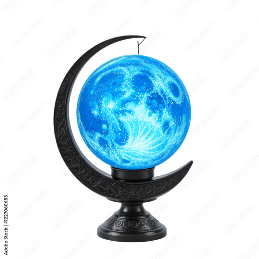 Blue Moon Lantern Centerpiece with Rotating Crescent Base Isolated on White Background Blue Moon Lantern Centerpiece with Rotating Crescent Base Isolated on White Background