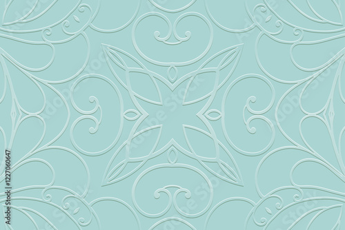 Geometric turquoise satin background, tribal cover design, banner. Openwork 3d pattern, embossing, vintage. Ethnic texture, ornaments, arabesques, mandala of the East, Asia, India, Mexico, Aztec, Peru