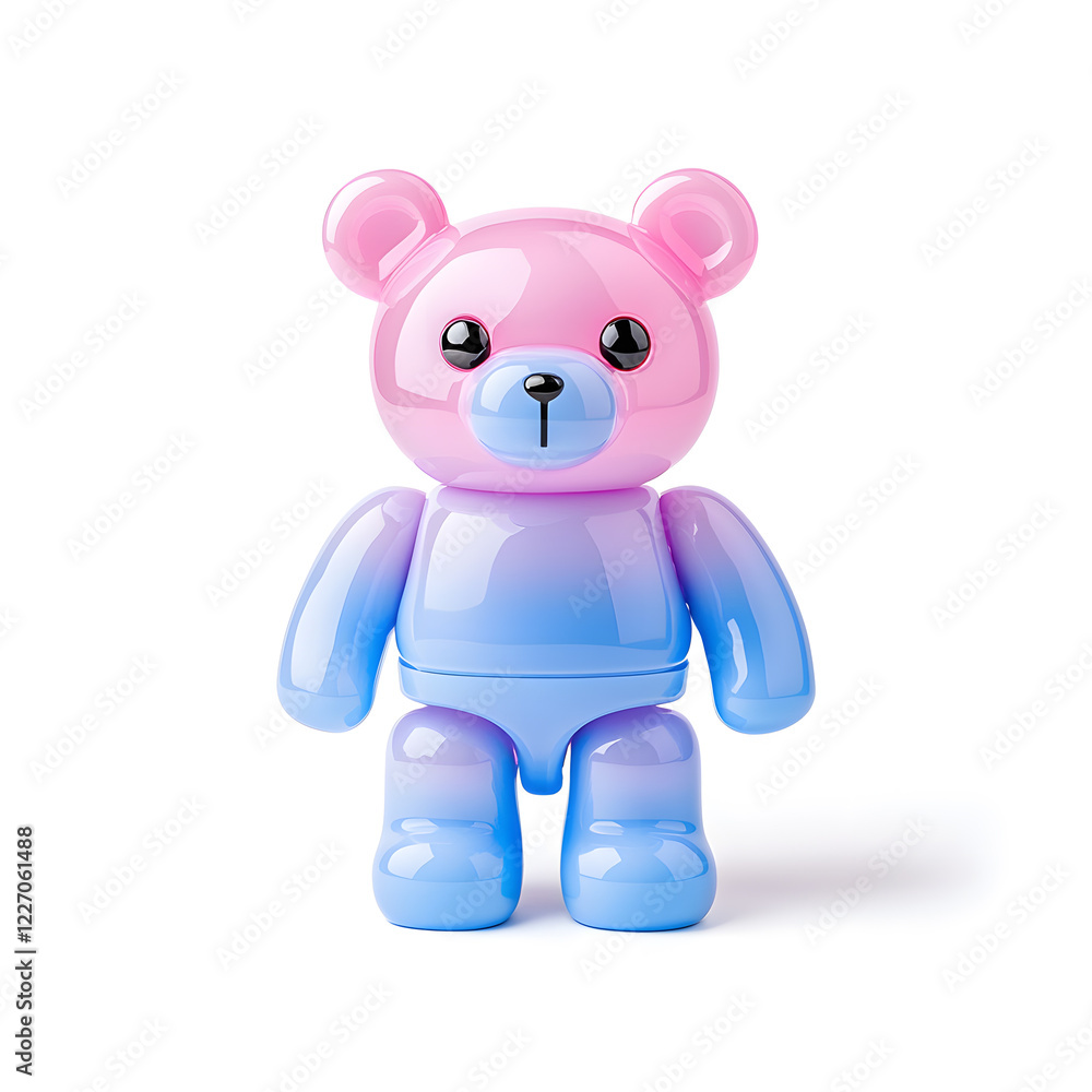 Plastic iridescent pink and blue bear toy with reflective accents isolated on white background Plastic iridescent pink and blue bear toy with reflective accents isolated on white background