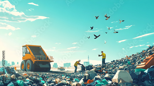 site with workers separating waste into different recycling categories, with a clear blue sky and birds flying overhead, symbolizing efforts to manage waste effectively  photo