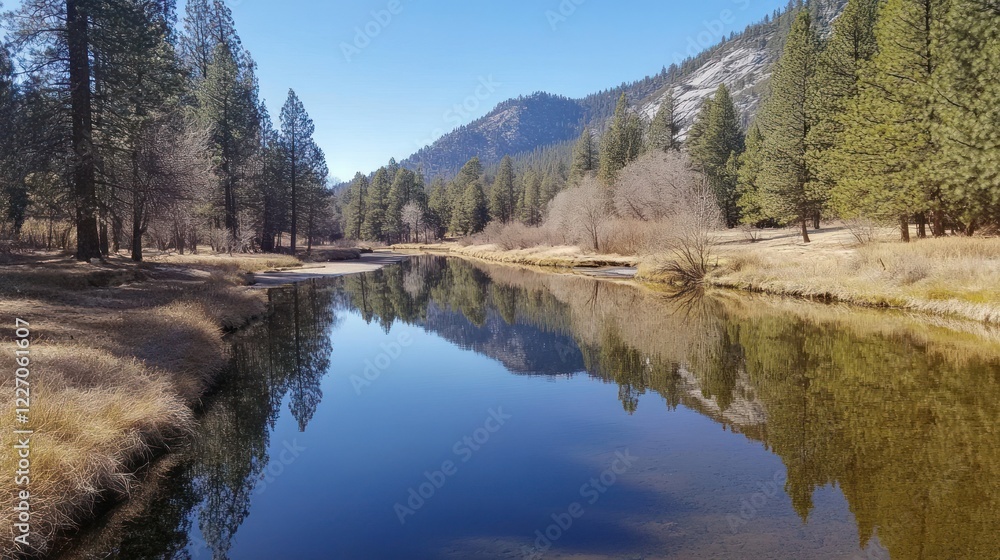 Calm river reflecting mountains, sunny day, Yosemite Calm river reflecting mountains, sunny day, Yosemite
