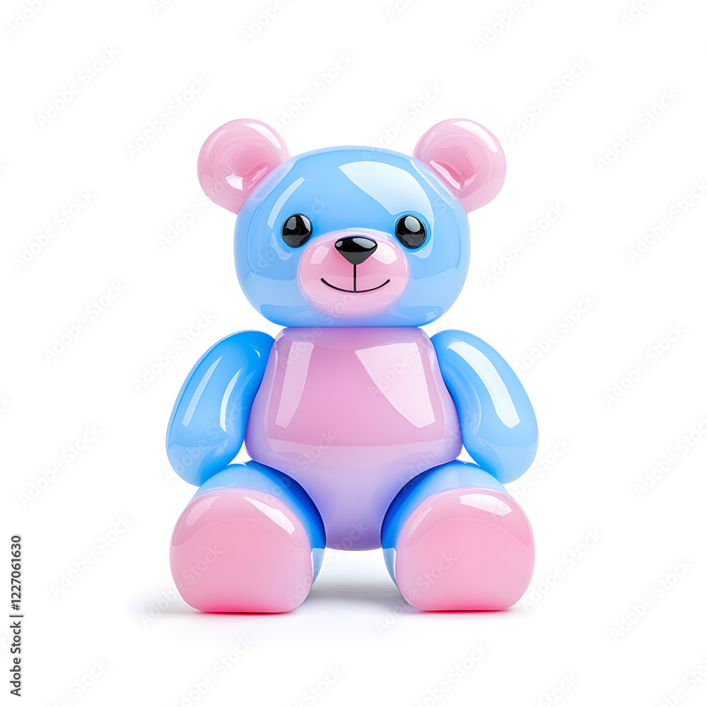Plastic iridescent pink and blue bear toy with reflective accents isolated on white background Plastic iridescent pink and blue bear toy with reflective accents isolated on white background