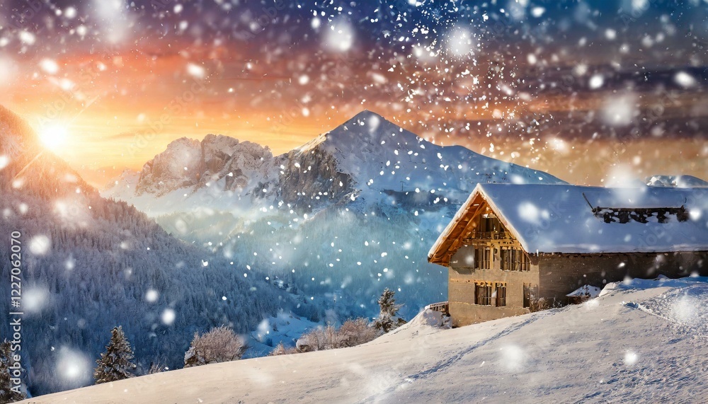 Winter background of snowy building and flakes falling in the mountain with sunset Winter background of snowy building and flakes falling in the mountain with sunset