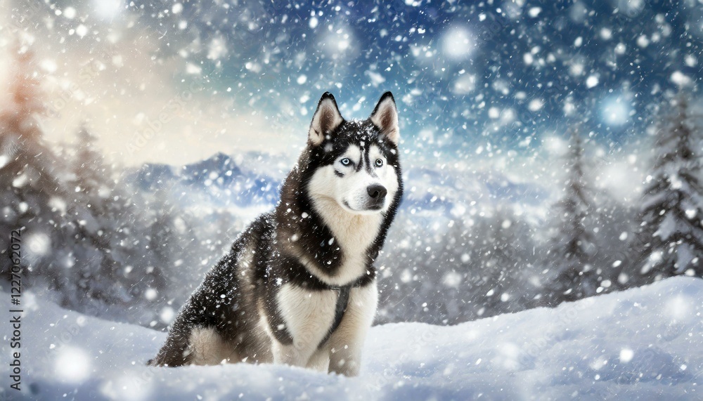 Husky dog guarding in the snow with snow flakes falling in the isolated hyper realistic background Husky dog guarding in the snow with snow flakes falling in the isolated hyper realistic background