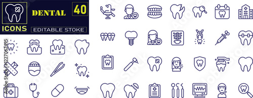 A collection of dental outline icons featuring dentist, dental care, oral disease, teeth whitening, extraction, broken tooth, root canal, fillings, and wisdom teeth. Vector icon set.