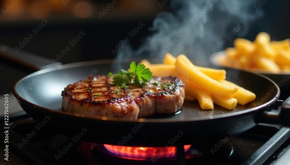 Fototapeta premium Sizzling pan with steak and fries on the stove, cooking, steak