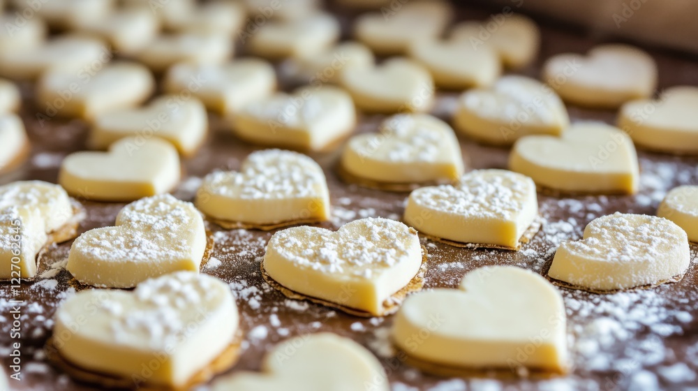 Freshly baked heart-shaped cookies arranged on a wooden surface covered with flour Freshly baked heart-shaped cookies arranged on a wooden surface covered with flour