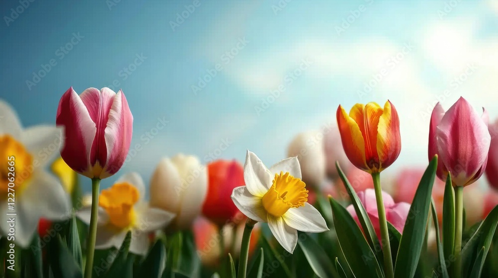 Fototapeta premium Spring Equinox day concept. Colorful Tulips and Daffodils Blooming in a Scenic Spring Meadow