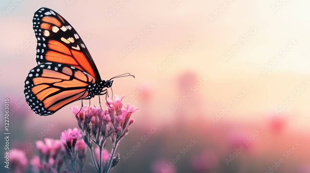 Obraz premium Spring Equinox day concept. Enchanting Butterfly Gracing Spring Flowers in Glowing Garden Landscape
