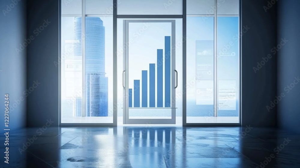 Obraz premium Modern Office with a Graph on a Glass Door and City View Beyond the Windows