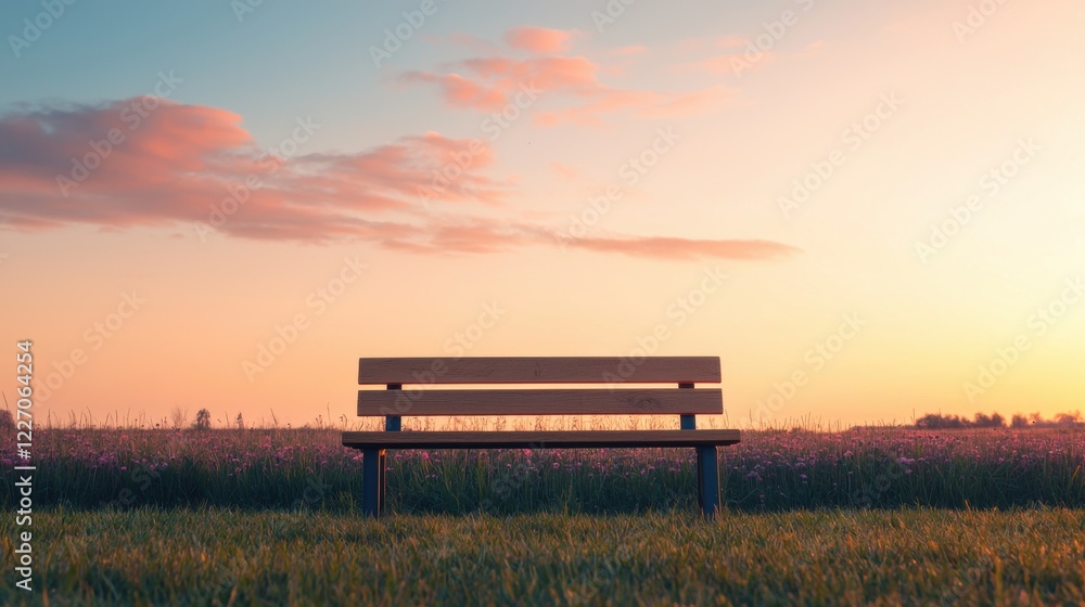 Spring Equinox day concept. Peaceful Countryside Bench at Stunning Sunset Landscape Spring Equinox day concept. Peaceful Countryside Bench at Stunning Sunset Landscape
