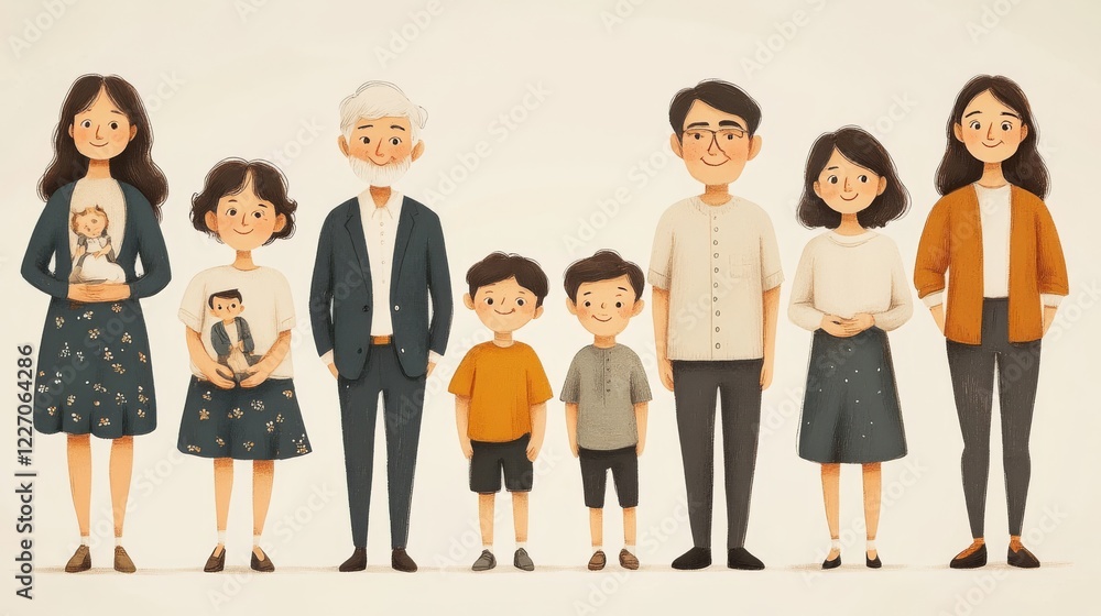 A charming family portrait illustration featuring three generations depicted with a warm and inviting style on a light neutral backdrop A charming family portrait illustration featuring three generations depicted with a warm and inviting style on a light neutral backdrop