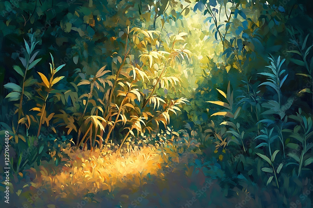 Obraz premium Bright Jungle Meadow with Sunlight Highlighting the Greenery