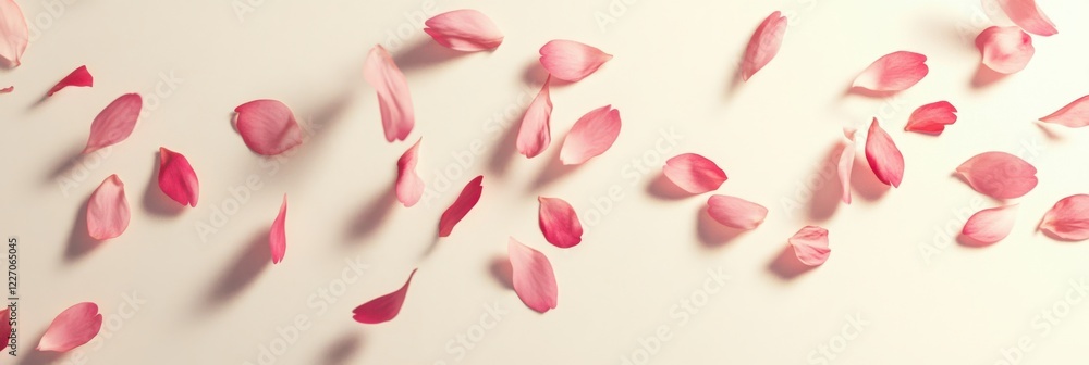 Pink and red petals scattered on white background illustrating natural beauty Pink and red petals scattered on white background illustrating natural beauty