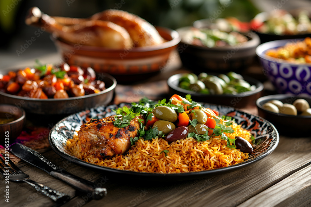 Delicious chicken pilaf with olives and herbs on wooden table, Ramadan iftar Delicious chicken pilaf with olives and herbs on wooden table, Ramadan iftar