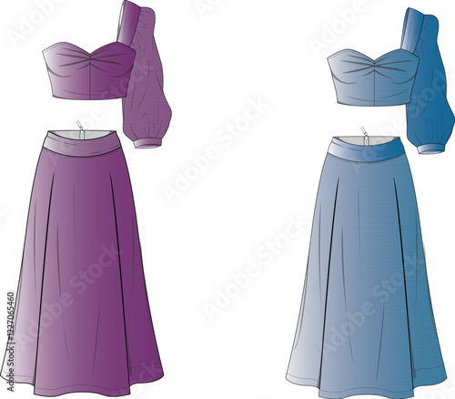 Stylish Two Piece Women's Outfit Flat Sketch Design Illustration