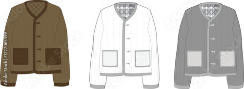 Three Color Quilted Cardigan Jacket Design Flat Sketch