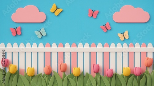 Spring Equinox day concept. Vibrant Spring Equinox with Colorful Tulips and Butterflies photo