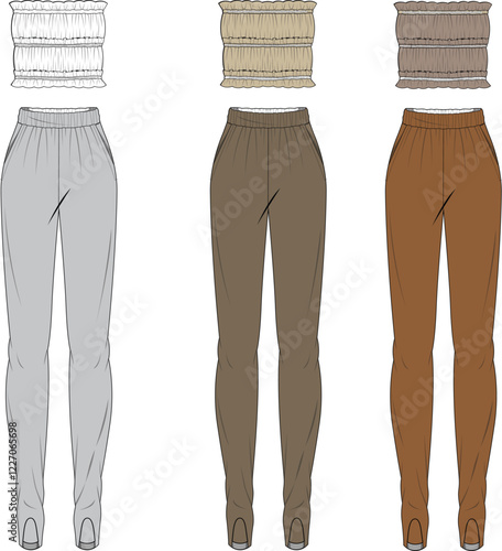 Women's Fashion Flat Sketches:  Trendy Tube Top and High-Waisted Pants Design