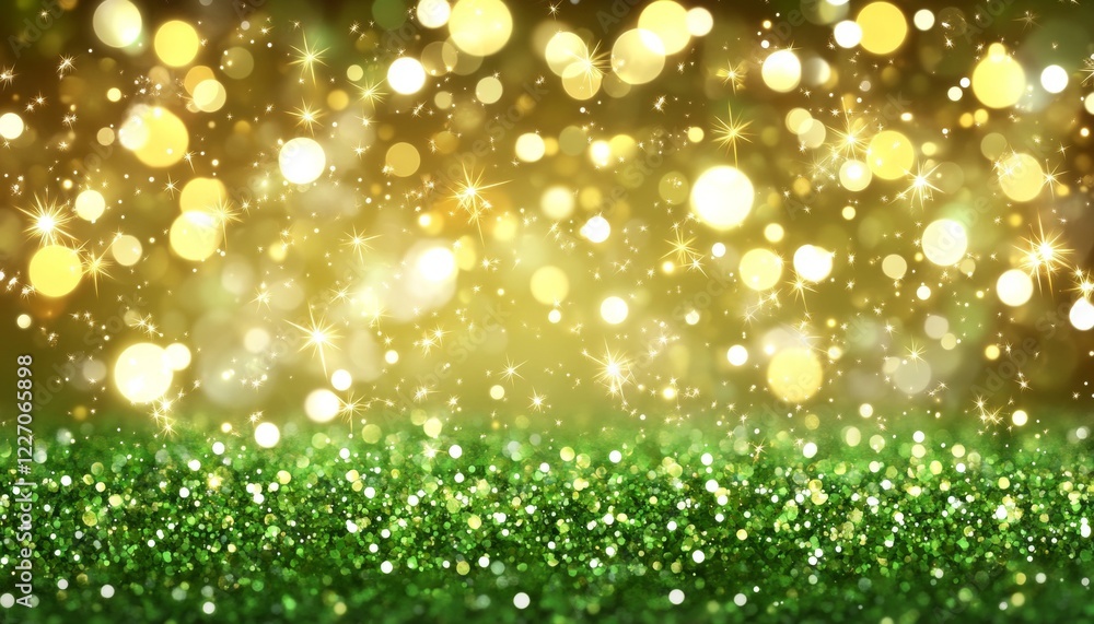 Fototapeta premium Sparkling Green Glitter Background with Festive Gold Bokeh Lights, Holiday or Celebration Backdrop.