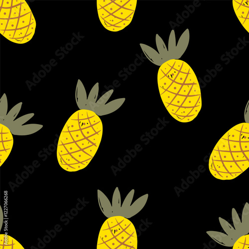 Bright yellow pineapples create a vibrant seamless pattern on a dark background vector illustration